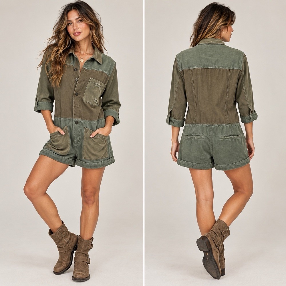Hudson Olive Green Utility Romper Sz XS Distressed Two Tone Workwear Jumpsuit